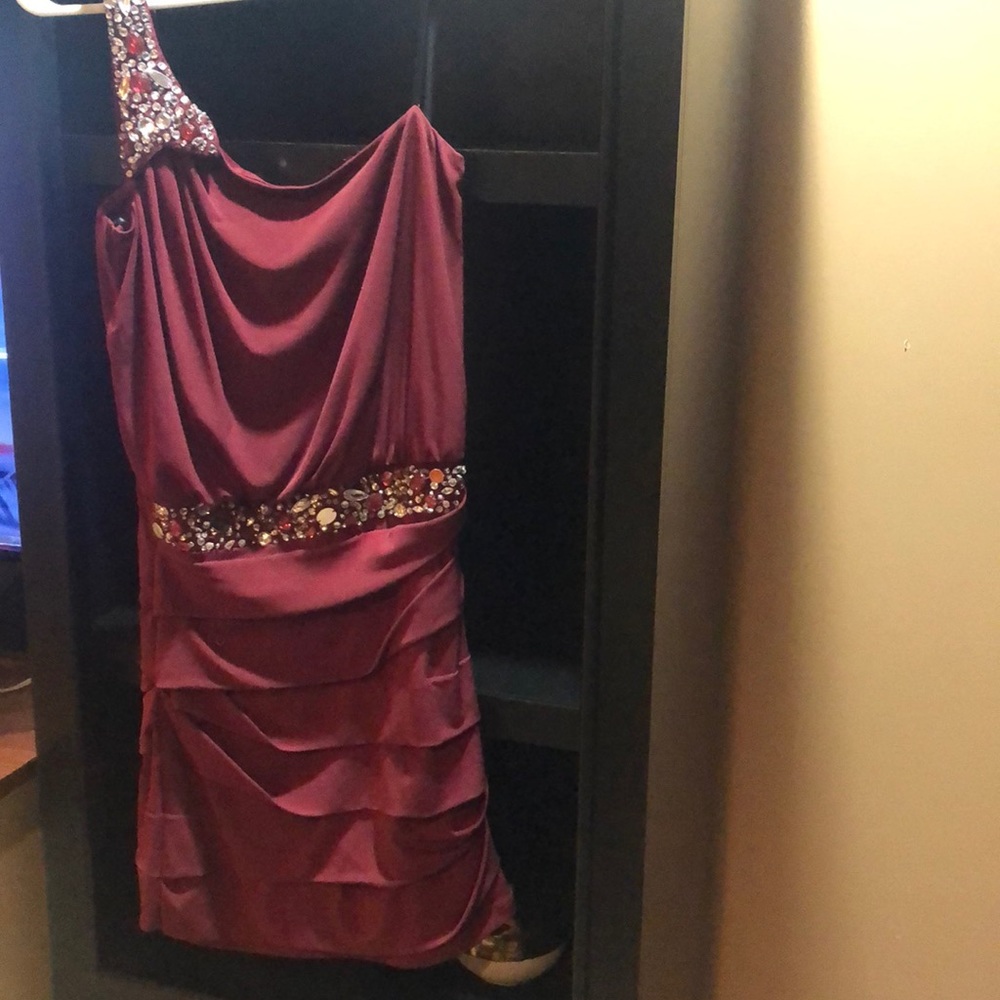 Burgundy red with rhinestone trim party dress